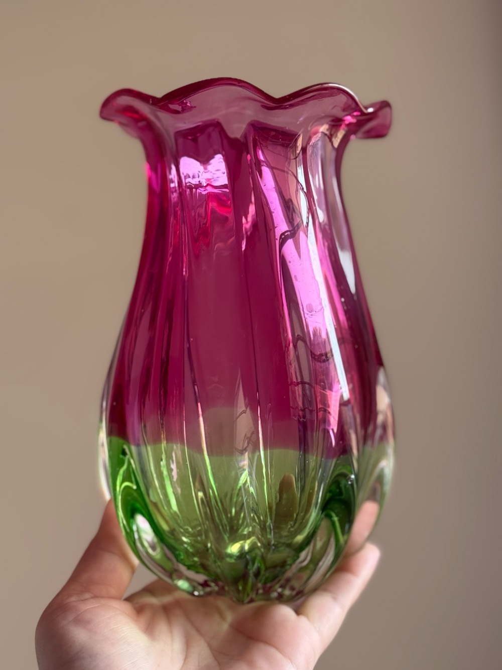 Pink Green 90s Blown Glass Watermelon Ruffle Twist 7.5” Vase by Teleflora
